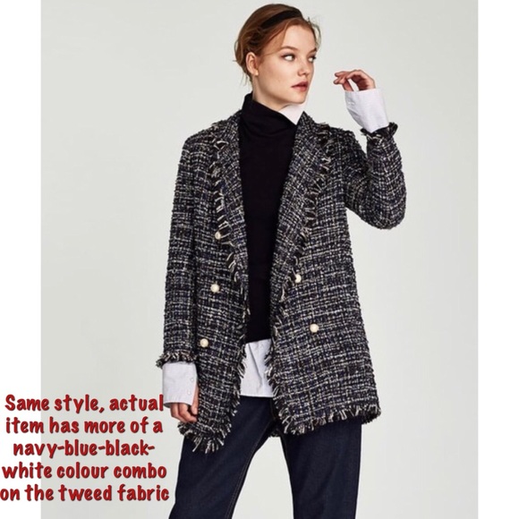 Zara Jackets & Blazers - Zara Long Tweed Jacket with Faux Pearl Button Accents